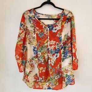 Figueroa & Flower Floral Blouse Top Orange Peasant Shirt Boho Women's L